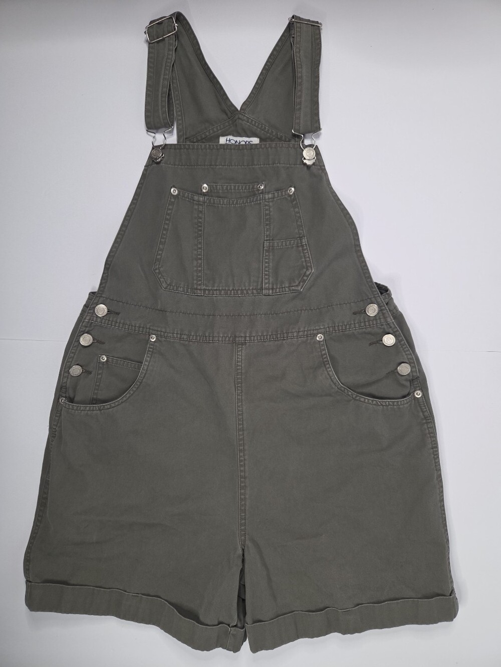 Vintage Honors Canvas Denim Shortalls Olive Green Grey Overall Shorts Cuffed Med